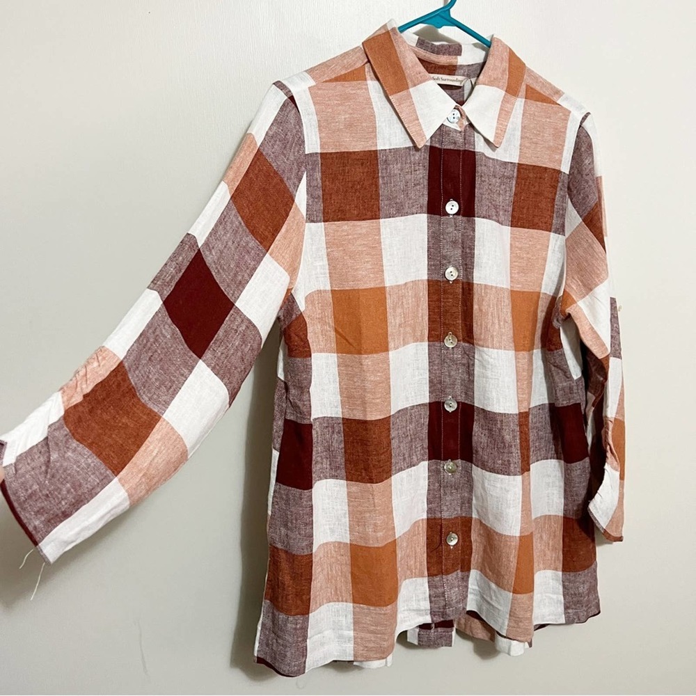 Soft Surroundings Carreaux Linen Plaid Shirt Rustic Mango Button Up Sz LP